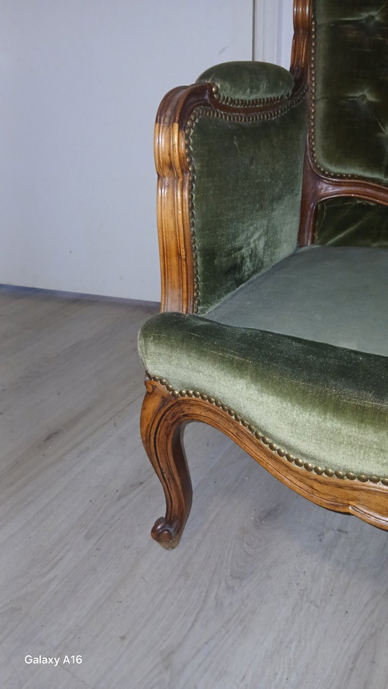 Sillón de trono barroco tapizado de primera calidad – Terciopelo verde oliva – En impecable estado – Sillones (photo 8 of 8)
