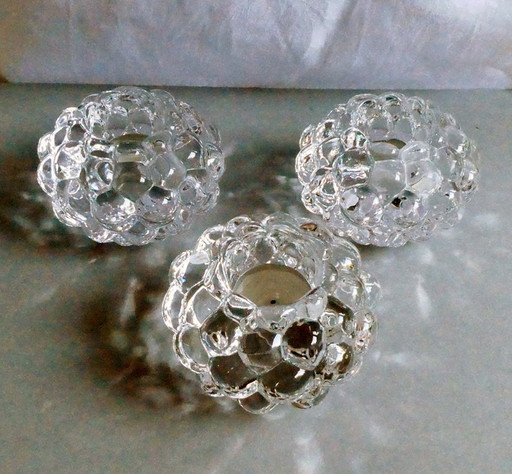 3 identical tealights, crystal glass, raspberry, Bubbles, Orrefors Sweden, design Anne Nilsson