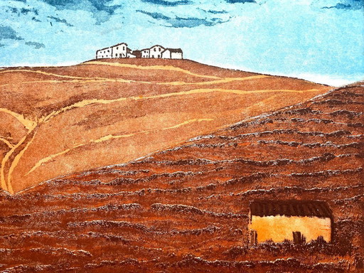 Tramontesulla creta. Acquaforte a colori di Margo Ellen. 