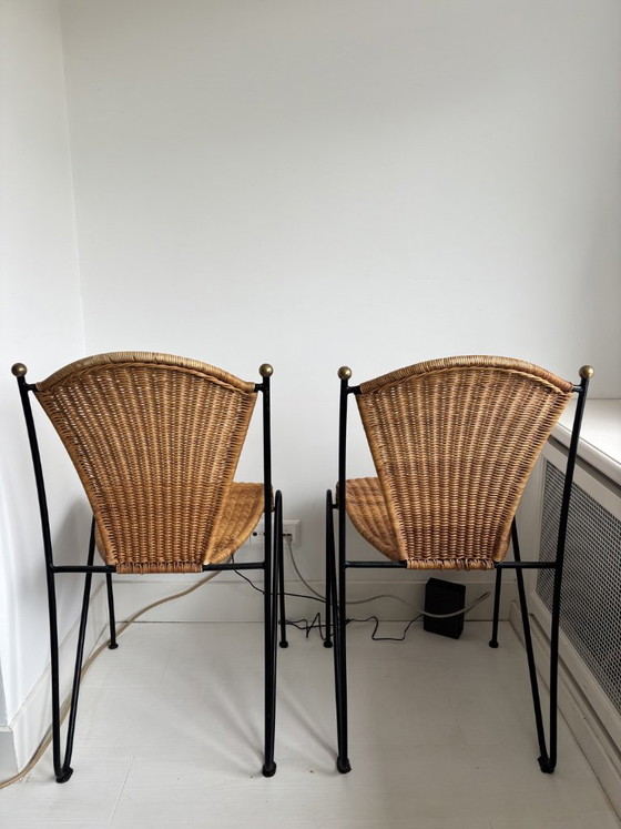 Set aus 6 Frederic Weinberg Stühlen, 1950er Jahre, Frederick Weinberg, Esszimmerstühle, Metall, Rattan (Foto 8 von 13)