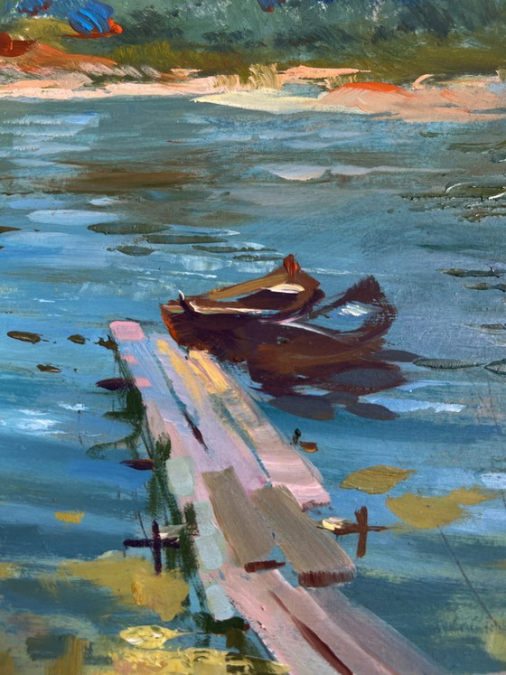 Image 1 of Original Oil Painting Summer River Landscape Boats at rest by the river