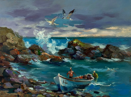 Image 1 of Original Oil Painting Coastal Waves Landscape Seagulls soaring over the endless sea