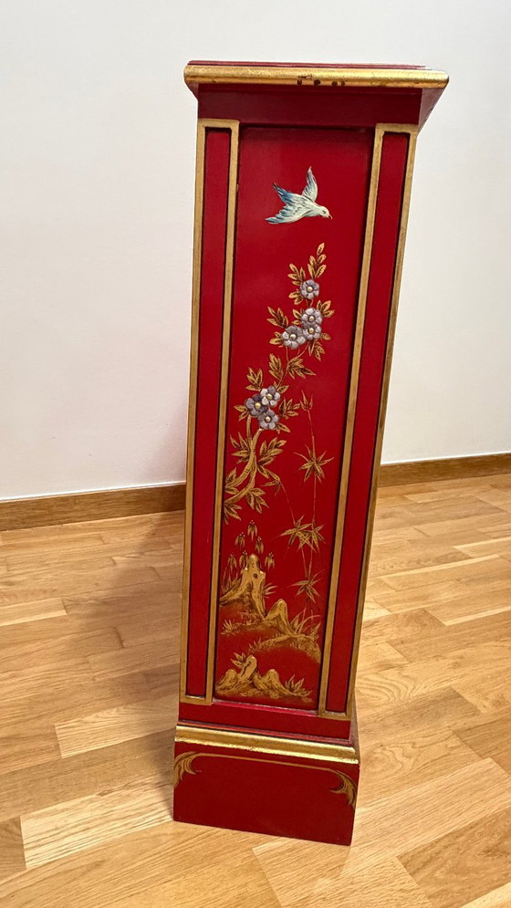 Meuble Console Mince Chinoiserie Vintage, Laqué à la Main (Années 1970), Buffet bas, Bois, Métal, Rouge (photo 8 sur 15)