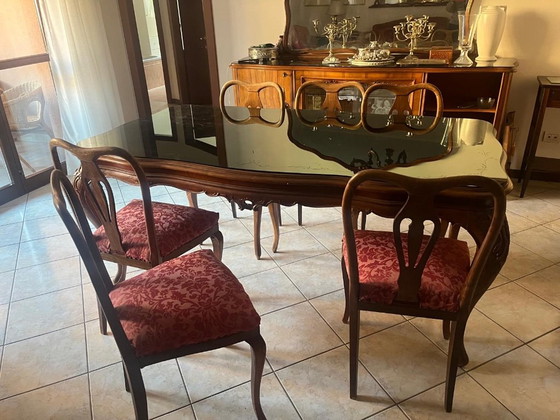 Table + 6 Walnut Chairs - Venetian Barocchetto Style - 1950s, Dining tables, Wood, Glass, Brown, Vintage (photo 2 of 5)