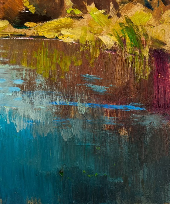 Image 1 of Original Oil Painting Autumn Lake Landscape Preparing for a boat trip