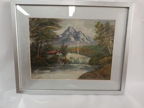 Image 1 of Dipinto di paesaggio montano d'epoca - Scena di cascata e baita incorniciata