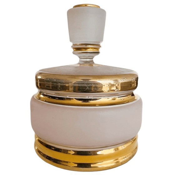 Image 1 of Art Decó polvera de cristal dorado rosa joyero años 50