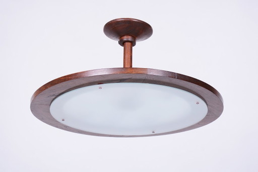 Restored Mid-Century Ceilig Lamp, Oak, Frosted Glass, Czech, 1950s