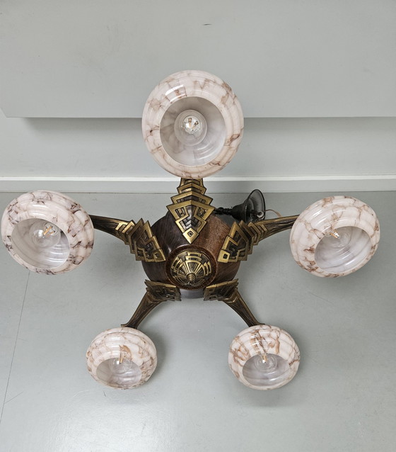 Art Deco Chandelier Hagenauer style 1920s/30s, Pendant lamps, Bronze, Glass, Pink (photo 12 of 13)