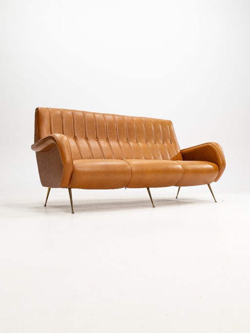 Dreisitzer-Sofa aus Skai-Holz mit Messingfüßen im Stil von Marco Zanuso, 1950er Jahre