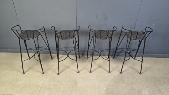 Image 1 of Tabourets de bar vintage en fer forgé et rotin, lot de 4 - années 1970