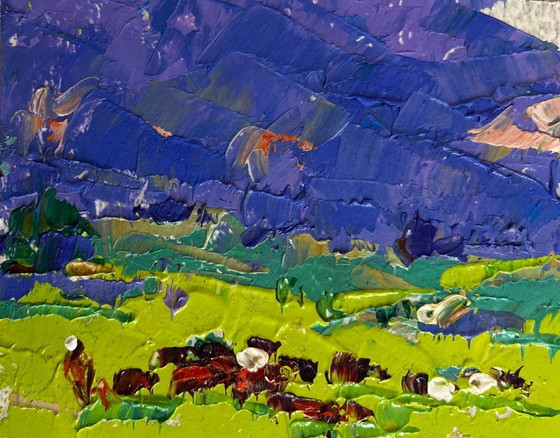 Image 1 of Original Oil Painting Spring Field Landscape In the spring meadows