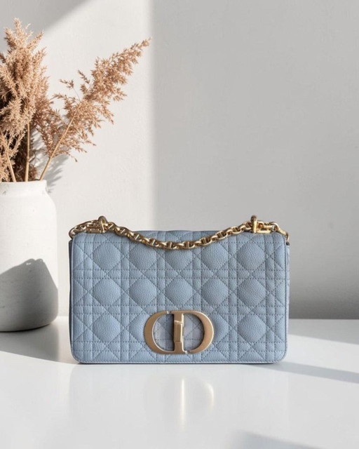 DIOR CARO MEDIUM - PELLE DI VITELLO GRAMMATIZZATA CANNAGE, GRIGIO, FERRAMENTA ORO
