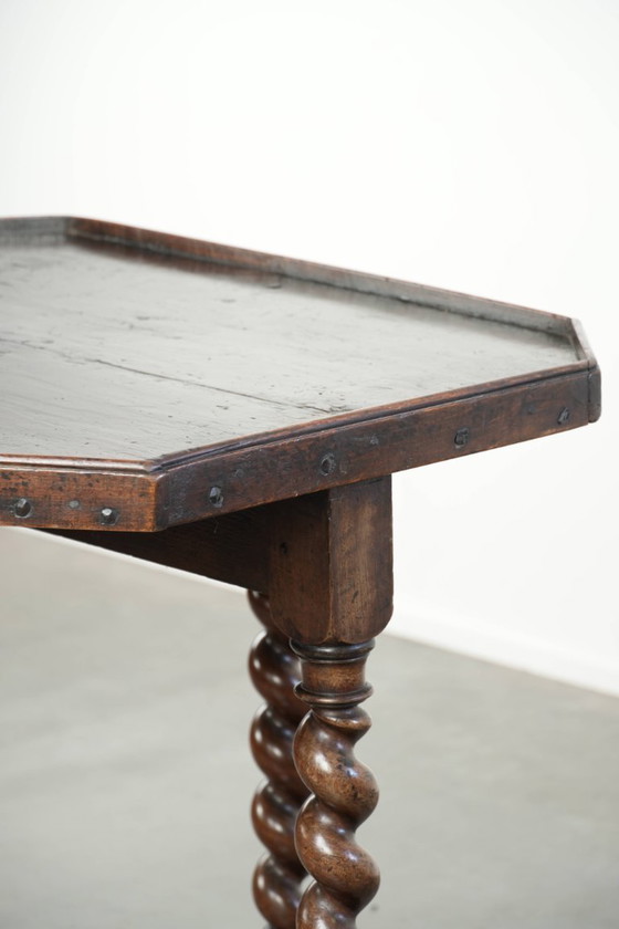 Image 1 of Very special antique English walnut side/center table with beautiful turned legs and an octagonal top from ca. 1680.
