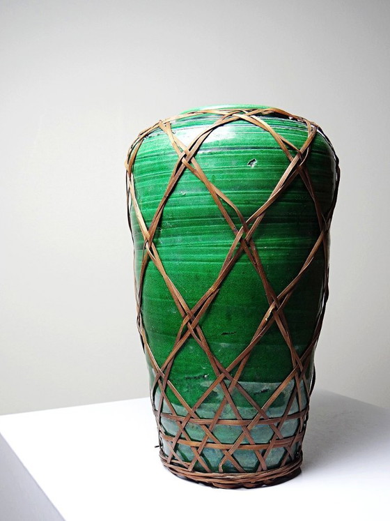 Image 1 of Antique Japanese green ceramic vase with Awaji Yaki bamboo lacing, 1900-1930
