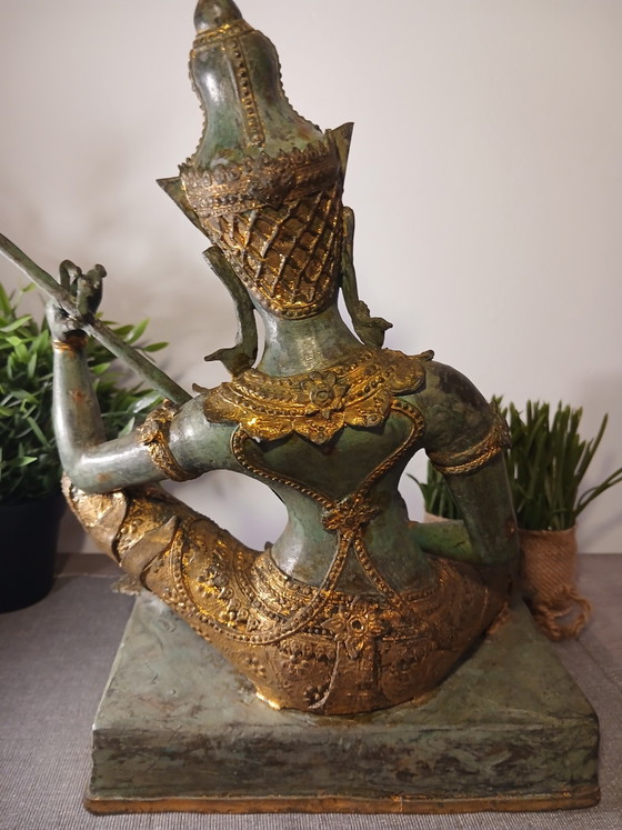 Grande statue ancienne en bronzeet feuille d'or Thaïlande et poinçon début 20e sur socle forêt mythique (photo 6 of 15)