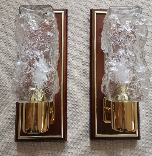 Set Hollywood Regency Eisglas Wandlampen von Hillebrand Teak vintage 70er