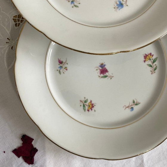 Image 1 of 6 platos llanos antiguos de porcelana con flores y dorados, P L Limoges