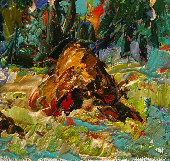 Image 1 of Original Oil Painting Summer Forest Landscape Haystacks in the field