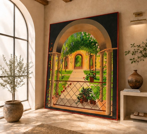 Monumental Mediterranean Trompe-l'Œil Garden Painting – 250 x 200 cm