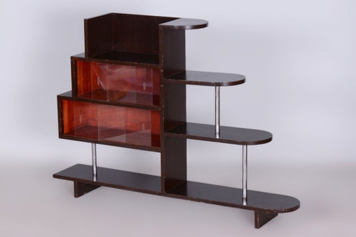 Restored Artdeco Étagère, Oak, Glass, Chromed Steel, Czech, 1930s – vitrinekasten, Wood