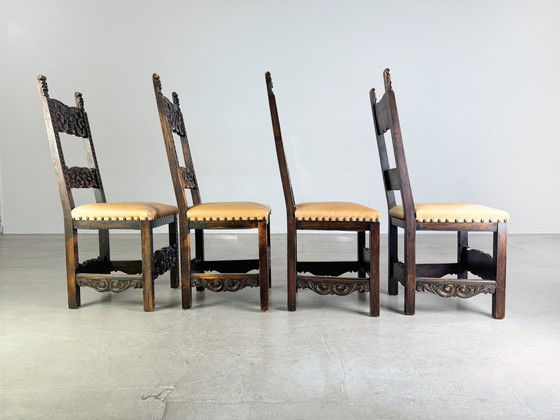 Image 1 of Set di 4 sedie neobarocche storicismo sedia antica in pelle epoca guglielmina