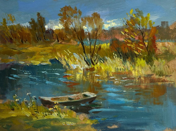 Image 1 of Original Oil Painting Autumn River Landscape River in golden foliage