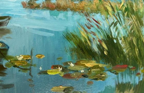 Image 1 of Dipinto ad olio originale Paesaggio estivo con fiume Tempo estivo nuvoloso
