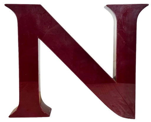 Vintage Dark Red Illuminated Letter N , 1980s