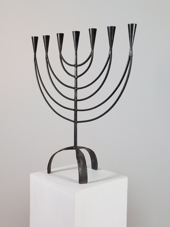 Image 1 of Hand-forged Swedish vintage menorah metal candlestick, 7-flame