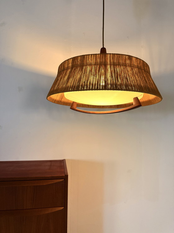 Image 1 of Lampada a sospensione vintage in teak e sisal, Temde Leuchten '60