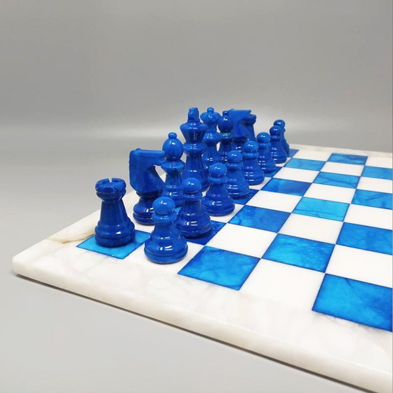 Image 1 of 1970s Gorgeous Sky Blue and White Chess Set in Volterra Alabaster Handmade. Made in Italy