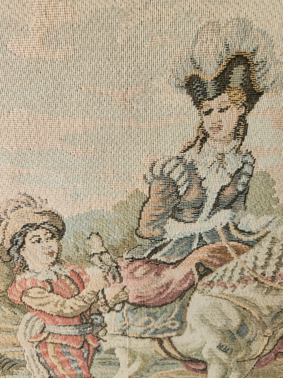 Duits wandtapijt van Gobelin Jacquard in de stijl van Aubusson. Tapijt met een elegant jachtlandschap in (photo 12 of 30)