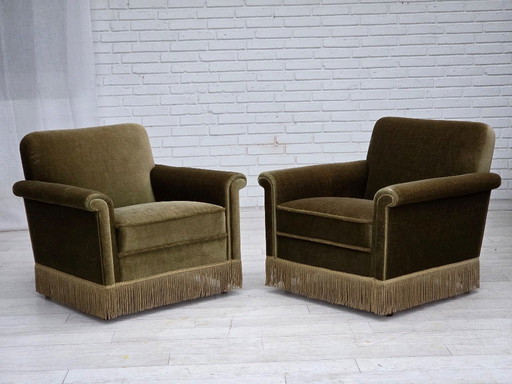 1970s, Danish armchair, original green furniture velour, teak wood legs.