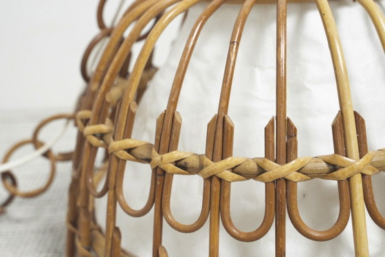 Image 1 of Vintage Rattan Bell Pendant Lamp, Louis Sognot Style Cane Ceiling Light, French Riviera Mediterranean Decor