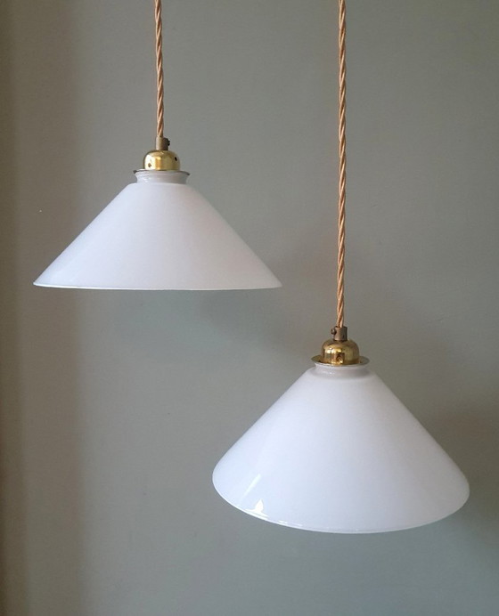 Set Vintage Pendant lamps - Milk glass, banker's lamps. – Metal (photo 7 of 21)
