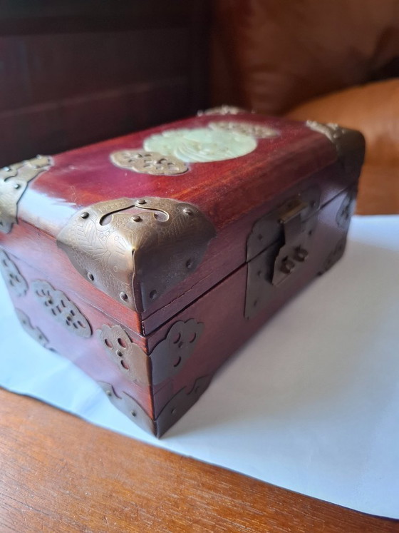 Image 1 of Vintage Chinese Rosewood Musical Jewelry Box with Jade & Brass (Shanghai, 1970s)