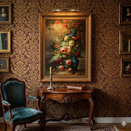 Image 1 of Impresionante bodegón floral "A. Jordin" – 120 cm de alto – Incluye marco de lujo