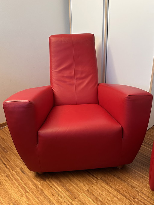 Longa-Sessel con Hocker (rotes Leder) de Gerard van den Berg