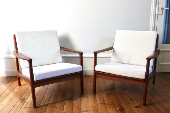 Paire de fauteuils scandinaves vintage teck 1960, Roche Bobois, Bois, Textile, Marron, Mid Century Modern (photo 2 sur 13)