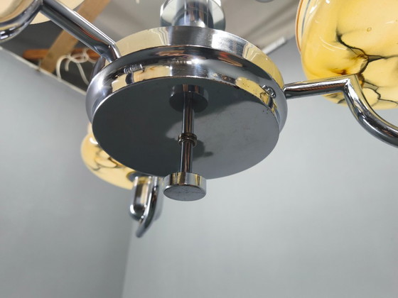 Image 1 of Art Deco Chandelier by Napako, Chrome & Marble Glass, 1930s