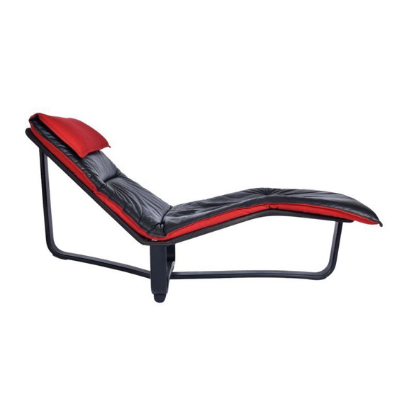 Image 1 of Westnofa Norwegian Black Leather and Red Wool Reversible Scandinavian Modern Chaise Lounge