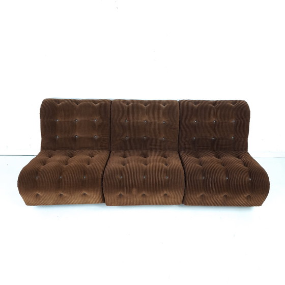 Image 1 of Divano modulare vintage a 3 sezioni, velluto a coste marrone capitonné, anni '70, design moderno di metà secolo