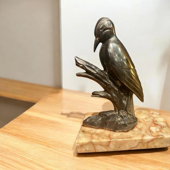 Vintage 1940s/1950s Art Deco Style Bookends, Two Patinated Pewter Woodpeckers on a Branch with Marble Base. (photo 6 of 7)