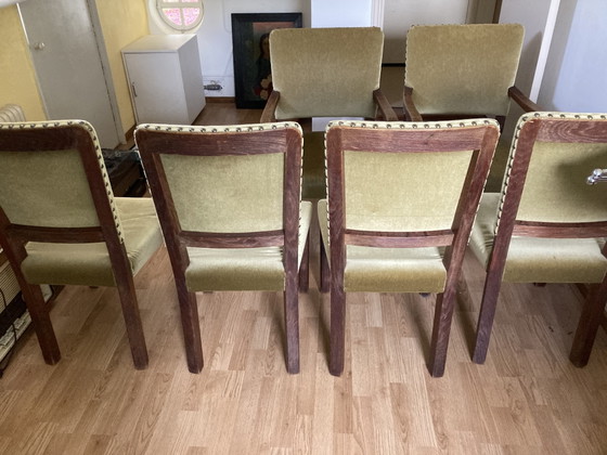 Image 1 of Zes eiken eetkamer stoelen met velours 
