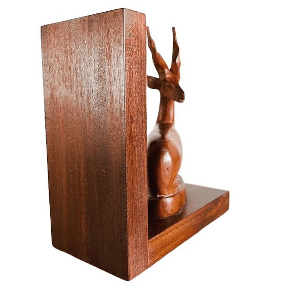 Image 1 of Vintage mid-century hand-carved wooden antelope bookend, 1970s