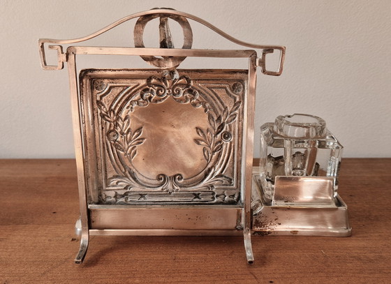Image 1 of Mail holder with inkwell mirror-Silver-plated metal- 1900's