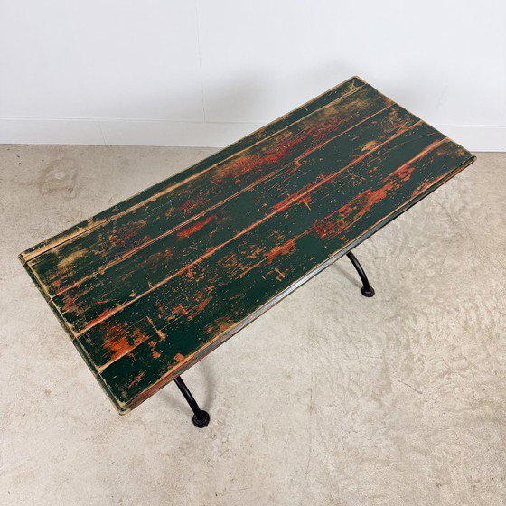French Bistro table with green painted wooden top, Consoles, Metal, Rustic (photo 3 of 12)