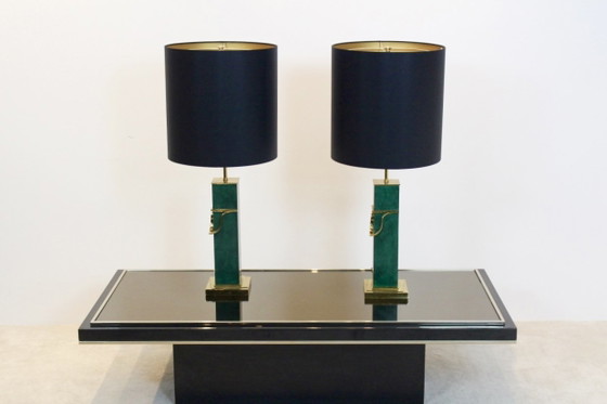 Coppia di Lampade da tavolo Mid Century Moderne in ottone e verde, Dorato (foto 5 di 8)