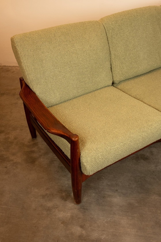Image 1 of Vintage Deense teakhouten 3-zitsbank met nieuwe mosgroene bouclé bekleding
